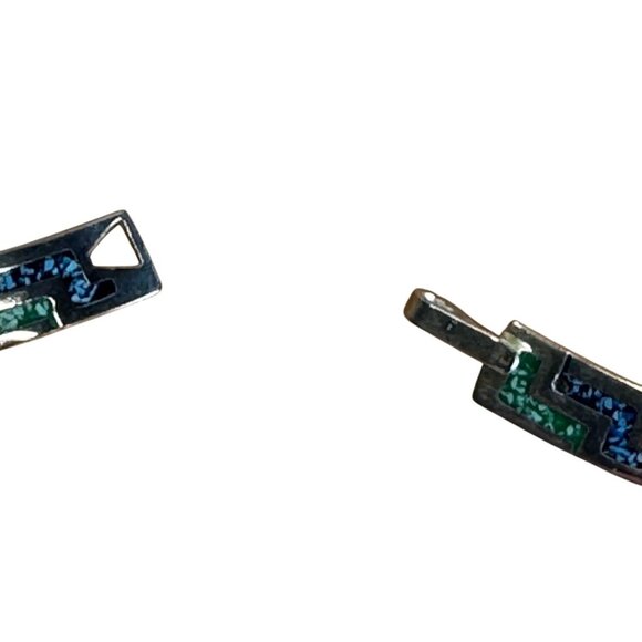 Vintage Mexico Alpaca Silvertone Greek Key Turquoise Inlay Link Necklace 16 3/4" - Picture 5 of 8